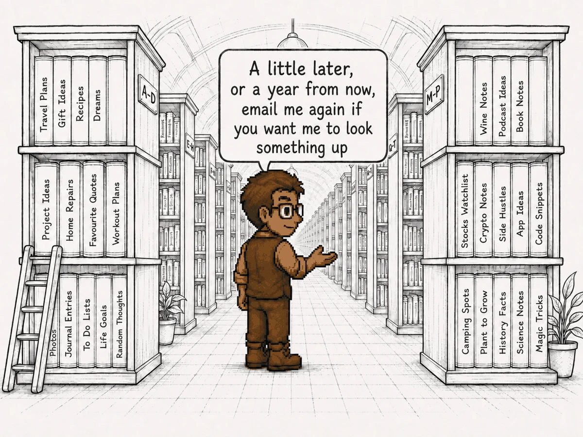 Peon standing in a long sketched library aisle of labelled volumes — Travel Plans, Home Repairs, Journal Entries, Wine Notes — saying &ldquo;A little later, or a year from now, email me again if you want me to look something up&rdquo;