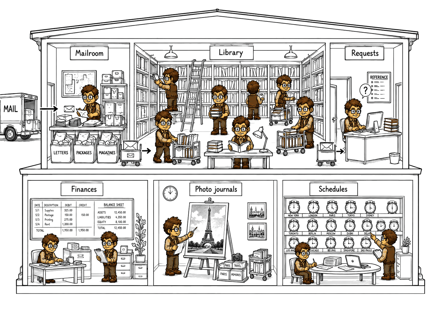 Cutaway drawing of Peon's library: mail arrives in the mailroom, is filed in the library, and answers go out at the requests desk; downstairs, rooms for finances, photo journals and schedules
